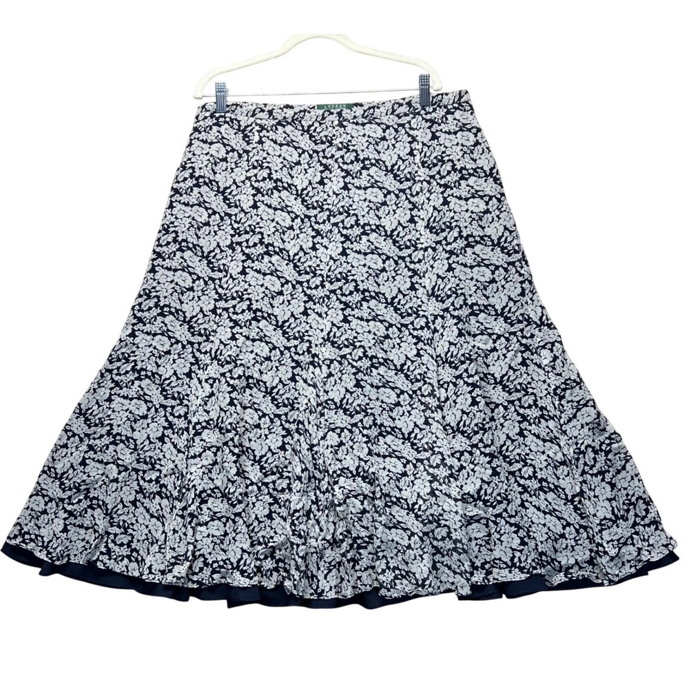 Lauren Ralph Lauren Navy Blue White Floral 100% Silk Midi Skirt Plus Size 14W
